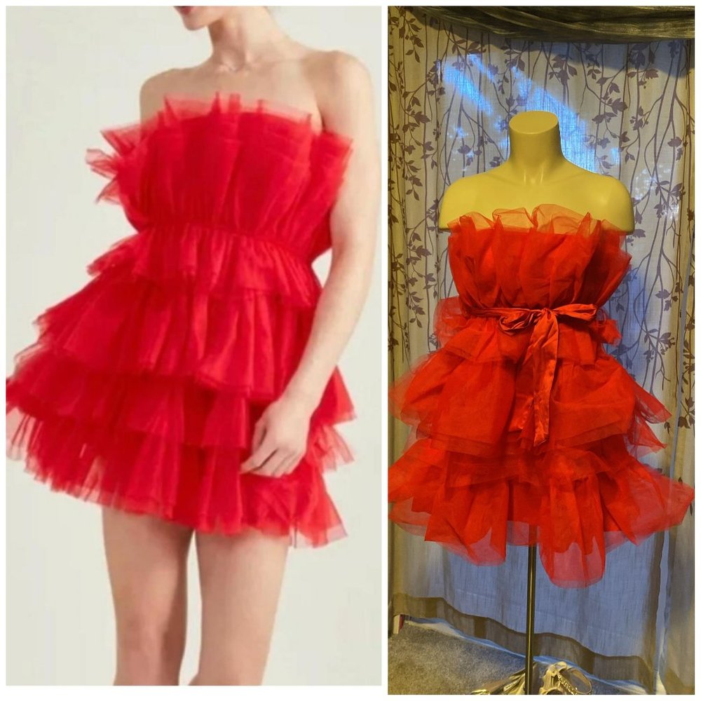 Thirty/Thirty LA NWT Strapless Red Tulle Tiered Mini Dress, Medium - Picture 1 of 4
